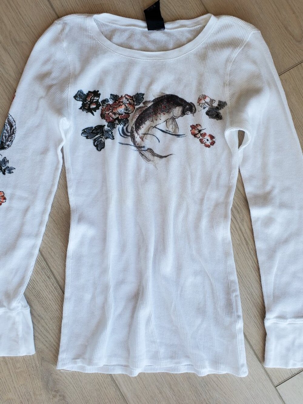 Lucky Brand Y2k 100% Cotton White Long Sleeve Top Fish Print Sz Medium